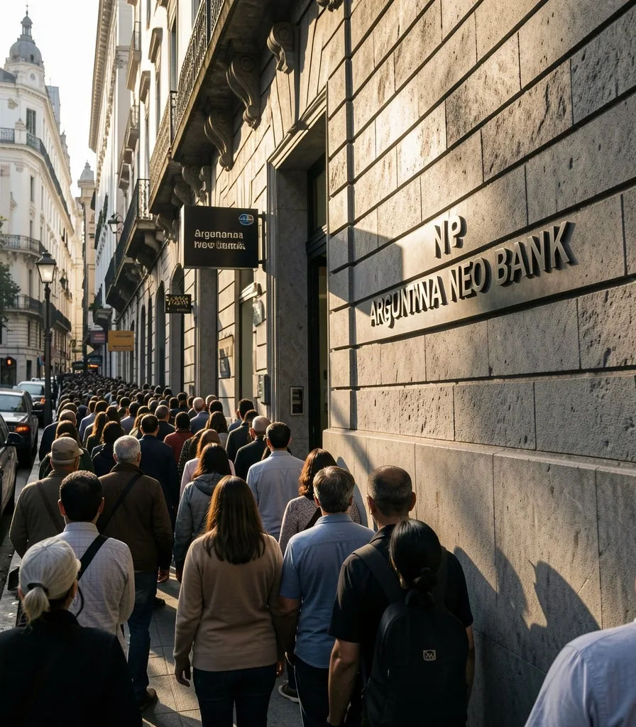 Fila extensa frente a una sucursal bancaria tradicional en Buenos Aires