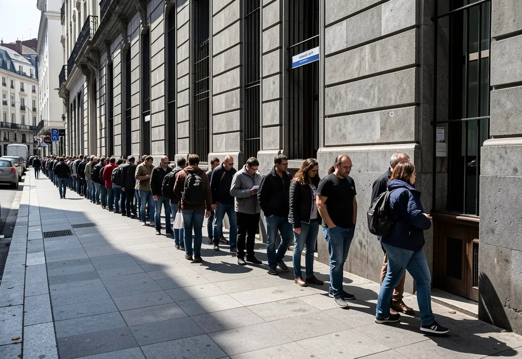 Larga fila de personas esperando frente a un banco tradicional en Buenos Aires