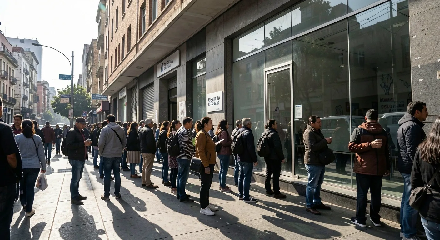 Fila de personas esperando frente a una sucursal bancaria tradicional en Buenos Aires
