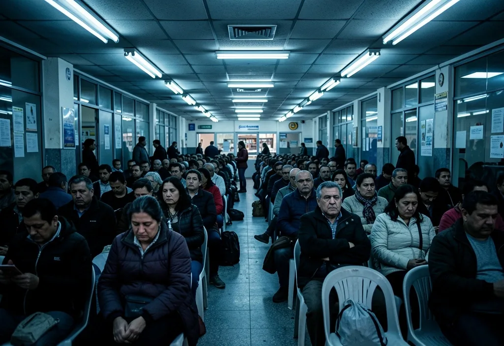Interior de sucursal bancaria llena de personas esperando