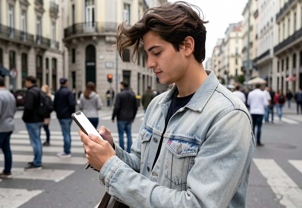 Persona usando su celular en lugar de hacer fila