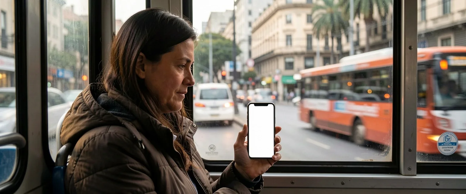 Persona gestionando sus finanzas desde el transporte público
