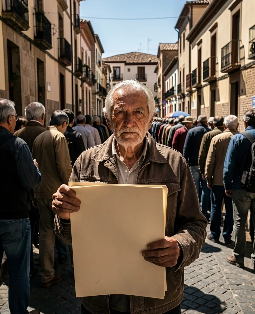 Persona mayor esperando en fila frente a un banco en Córdoba