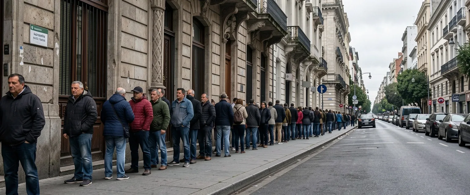 Larga fila de personas esperando frente a un banco tradicional
