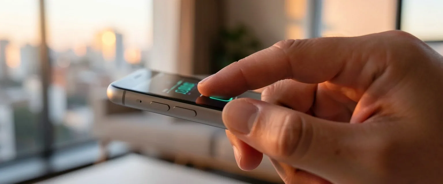 Manos sosteniendo un smartphone en un escritorio oscuro