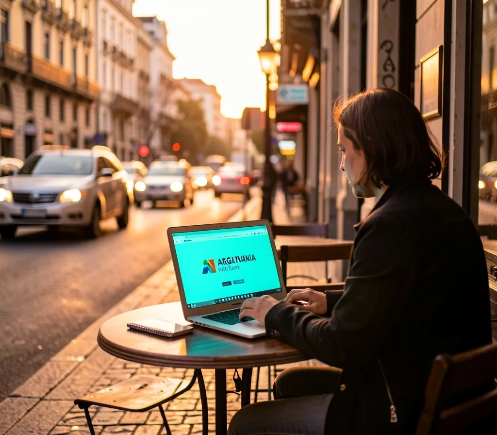 Persona usando laptop en un café público