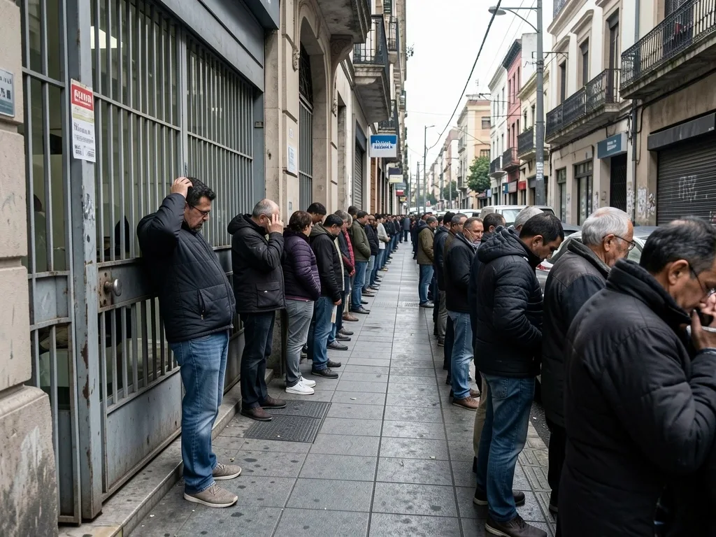 Larga fila de personas esperando frente a un banco tradicional en Buenos Aires