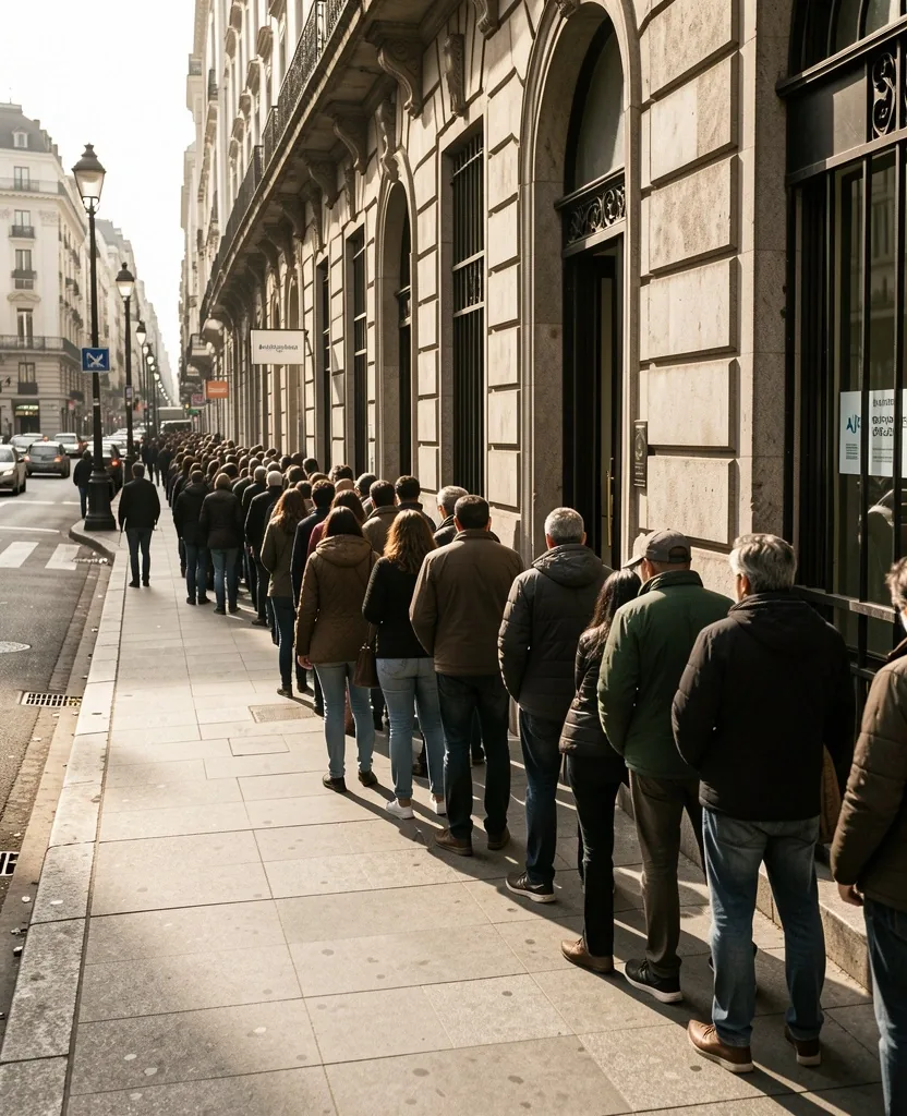 Fila de personas esperando frente a una sucursal bancaria tradicional en Buenos Aires