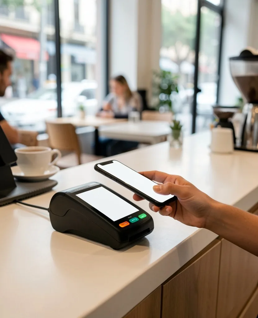 Persona pagando con un teléfono móvil en un comercio mediante contacto sin contacto