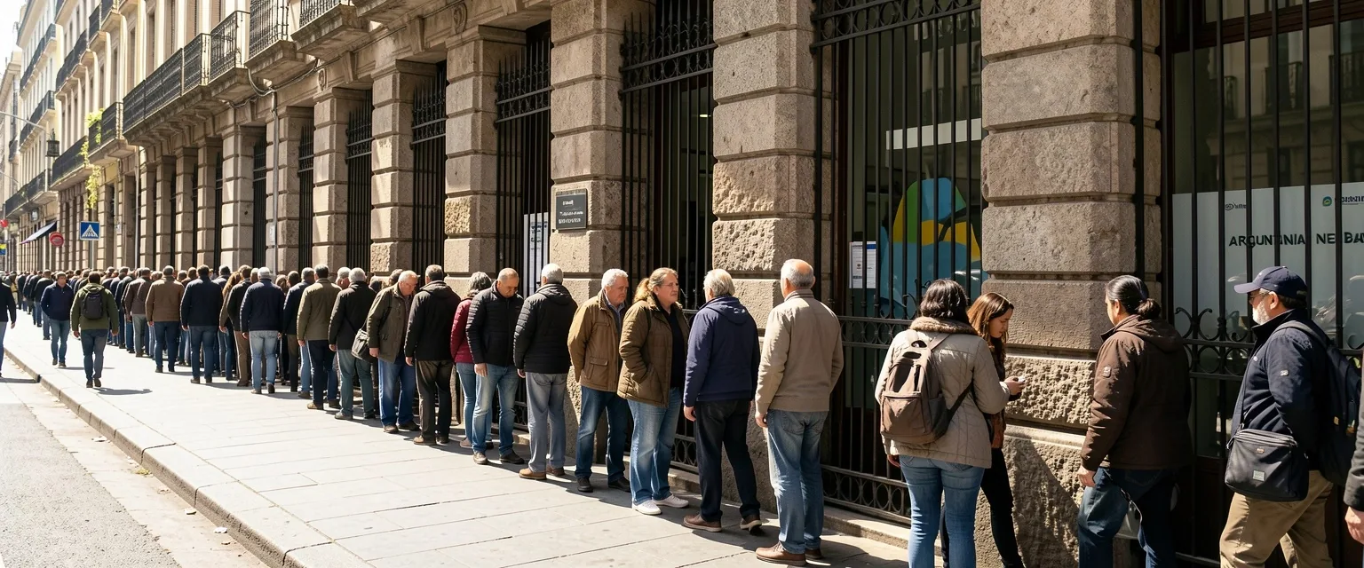 Fila de personas esperando frente a una sucursal bancaria tradicional en Buenos Aires