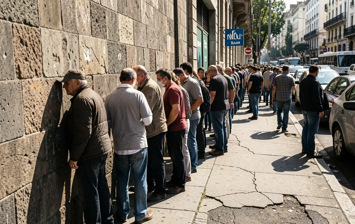 Fila de personas esperando frente a una sucursal bancaria tradicional