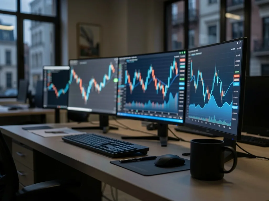 Escritorio de análisis con monitores mostrando datos financieros
