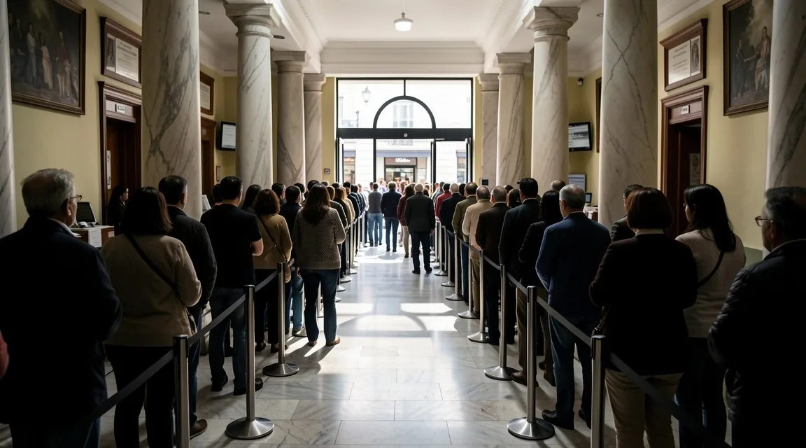 Interior de banco tradicional con filas largas