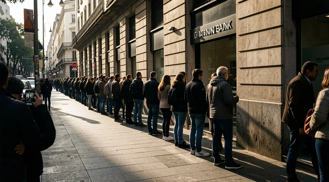 Larga fila de personas esperando frente a un banco tradicional