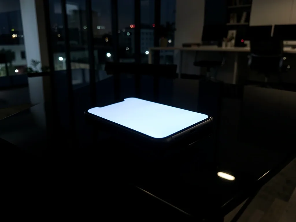 Teléfono sobre superficie oscura con reflejo de luz cian